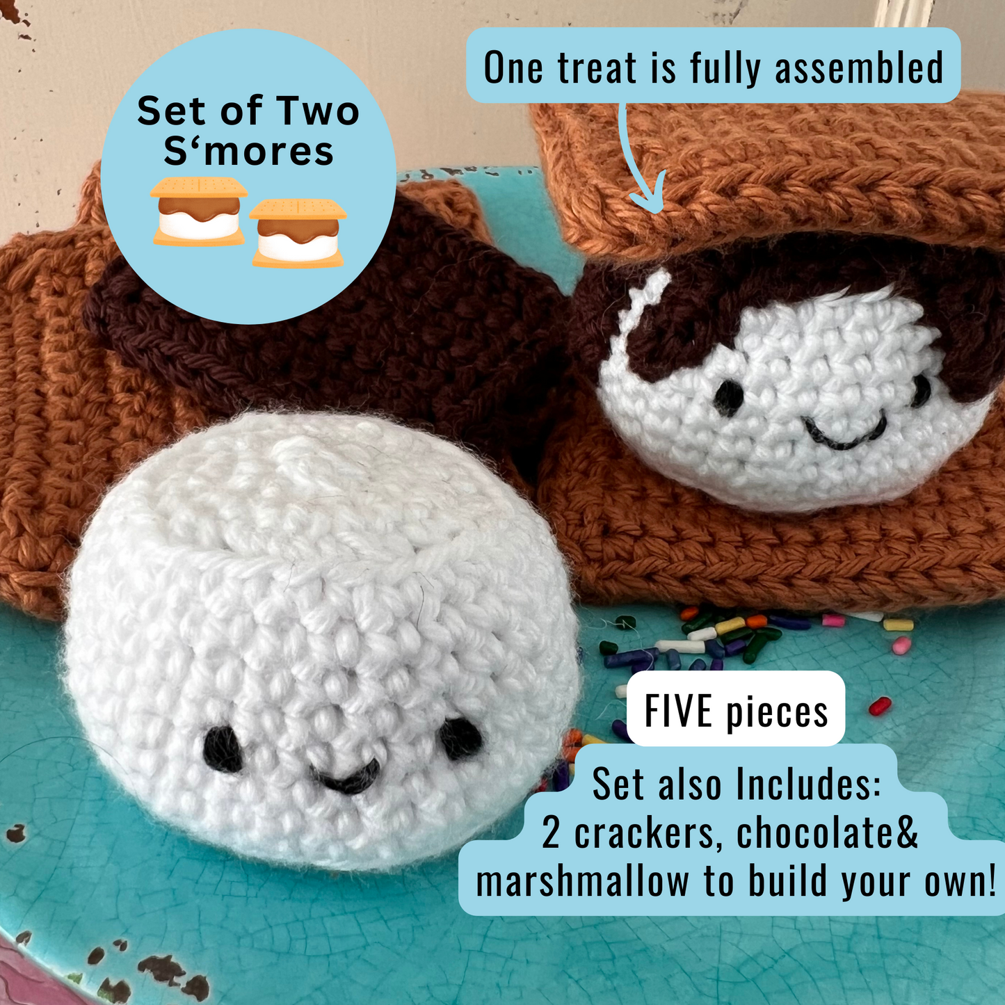 S'mores Play Set. Crochet Play Food set. Handmade Play Food S'mores. READY to SHIP. Free Shipping. Great add-on to a Kitchen Play Set.