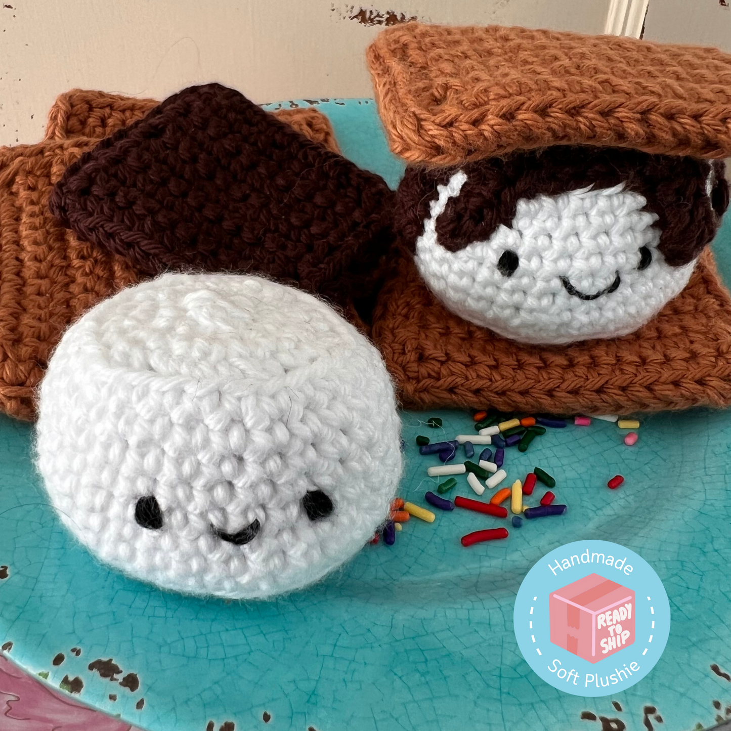 S'mores Play Set. Crochet Play Food set. Handmade Play Food S'mores. READY to SHIP. Free Shipping. Great add-on to a Kitchen Play Set.