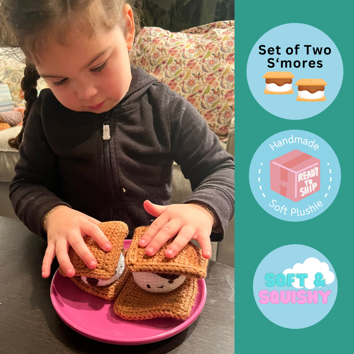 S'mores Play Set. Crochet Play Food set. Handmade Play Food S'mores. READY to SHIP. Free Shipping. Great add-on to a Kitchen Play Set.