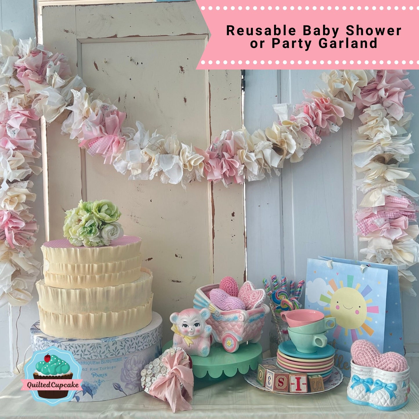 Baby Girl Burlap Shower Party Decoration.  6-10 foot fabric Garland Banner. Burlap and Pink Party Decor & Backdrop for Baby Girl Shower