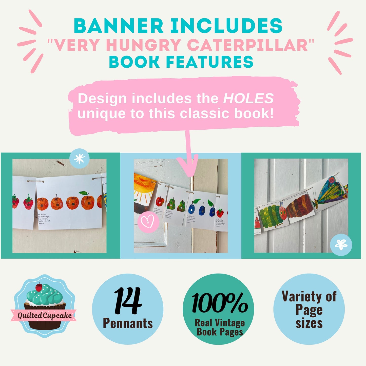 Very Hungry Caterpillar Banner/Story Book Page Garland /14 Pennants for Baby Shower, Birthday Party/READY to SHIP/Holes Included