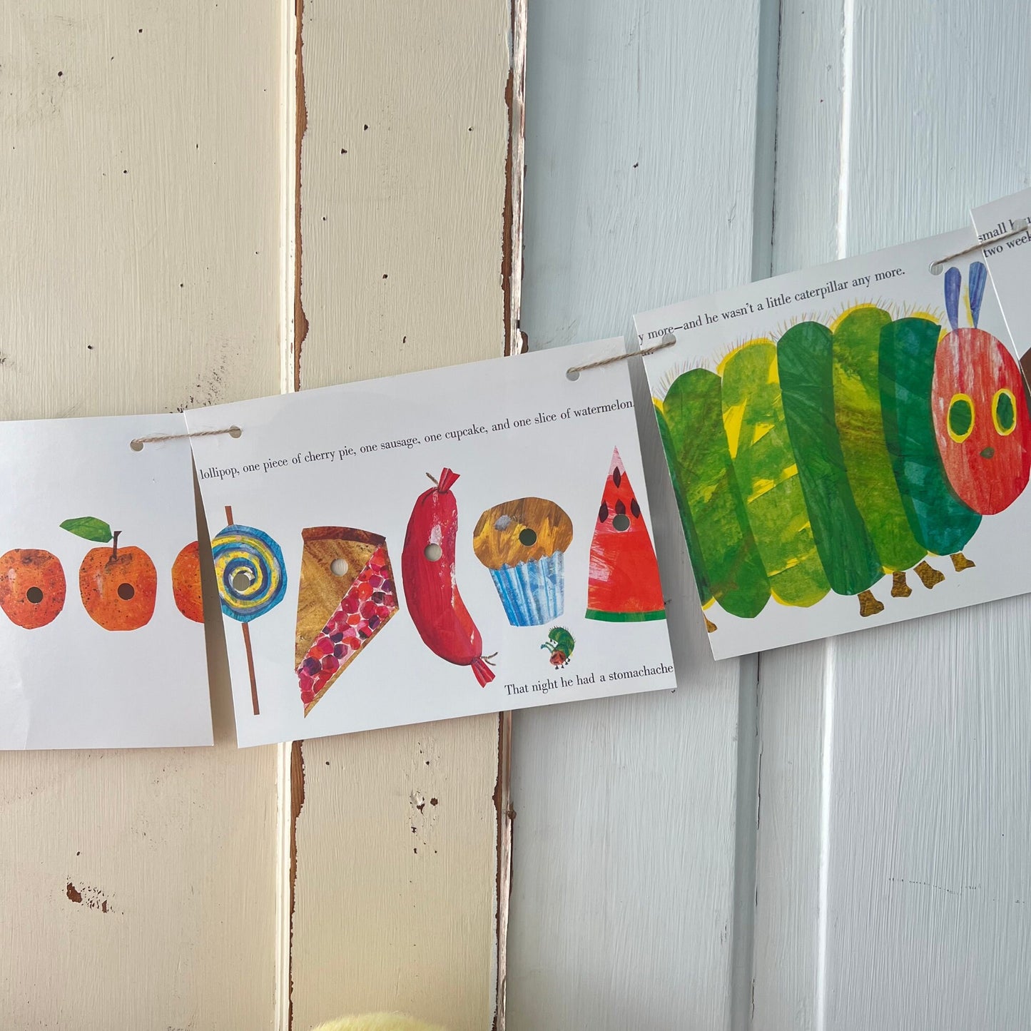 Very Hungry Caterpillar Banner/Story Book Page Garland /14 Pennants for Baby Shower, Birthday Party/READY to SHIP/Holes Included