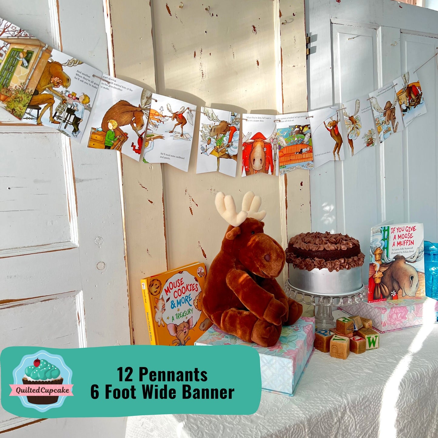 If You Give a Moose a Muffin Banner/Story Book Page Garland /12 Bunting Pennants for Moose Muffin Birthday Party/READY to SHIP