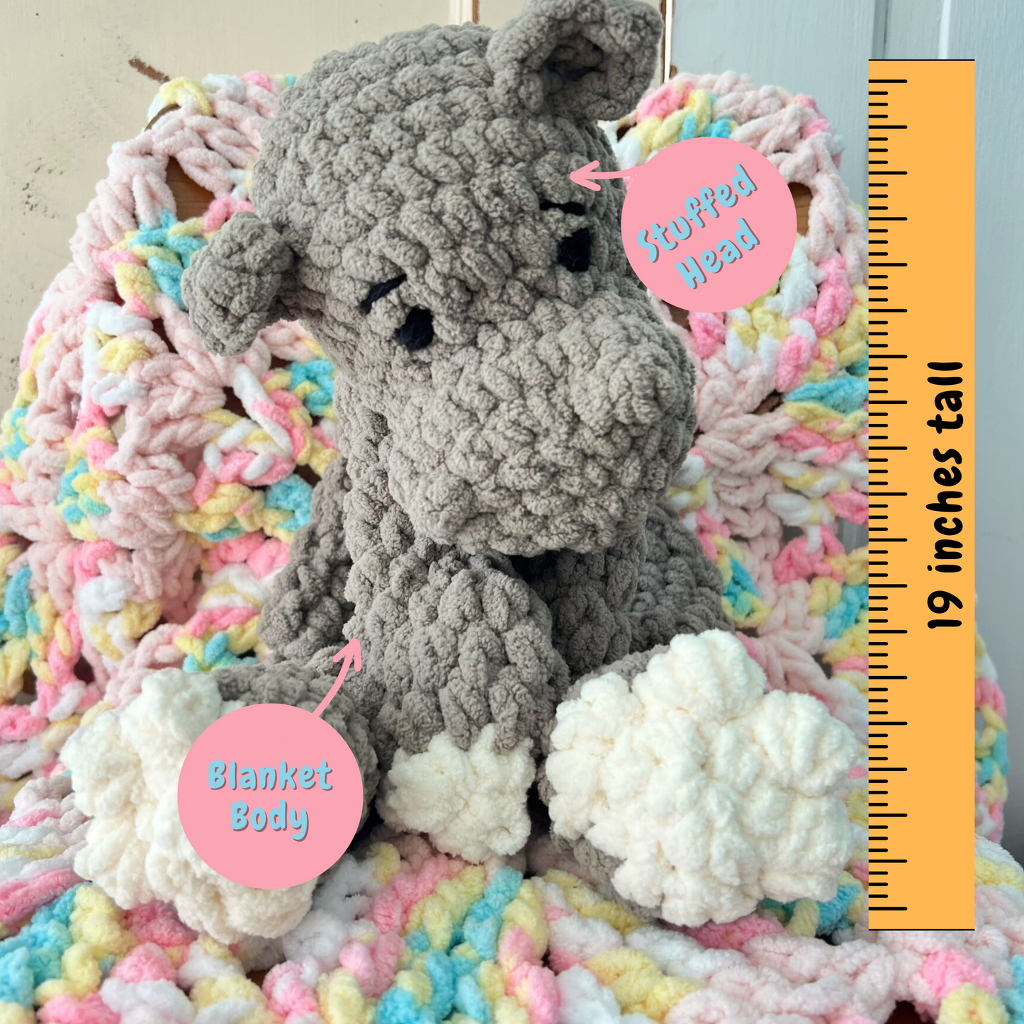 Hippo Lovey Toy Handmade Plush Cuddly. Soft & squishy Hippo plushie.