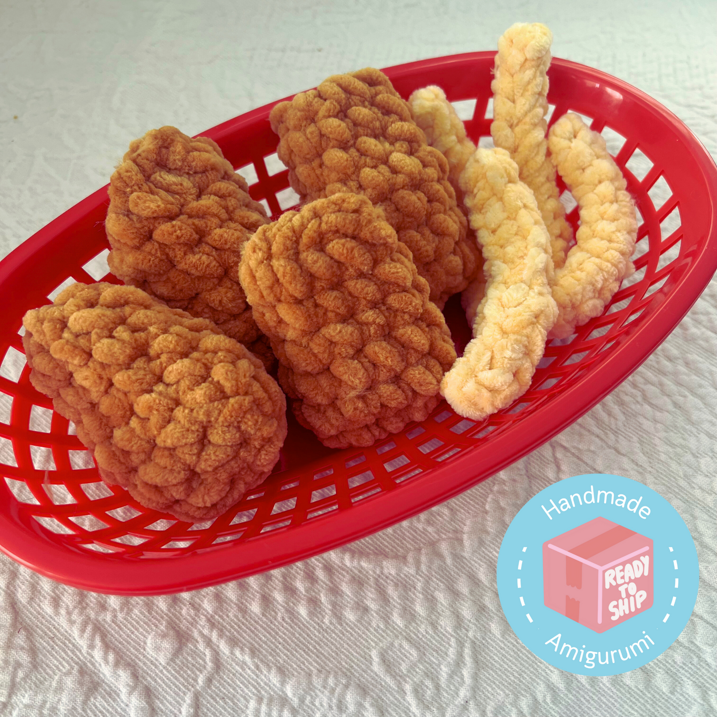 Chicken Nugget Play Food Set.  Crochet Play Food set- 9 pieces Handmade Nuggies + Fries Set READY to SHIP.  4 nuggets, 4 fries & basket