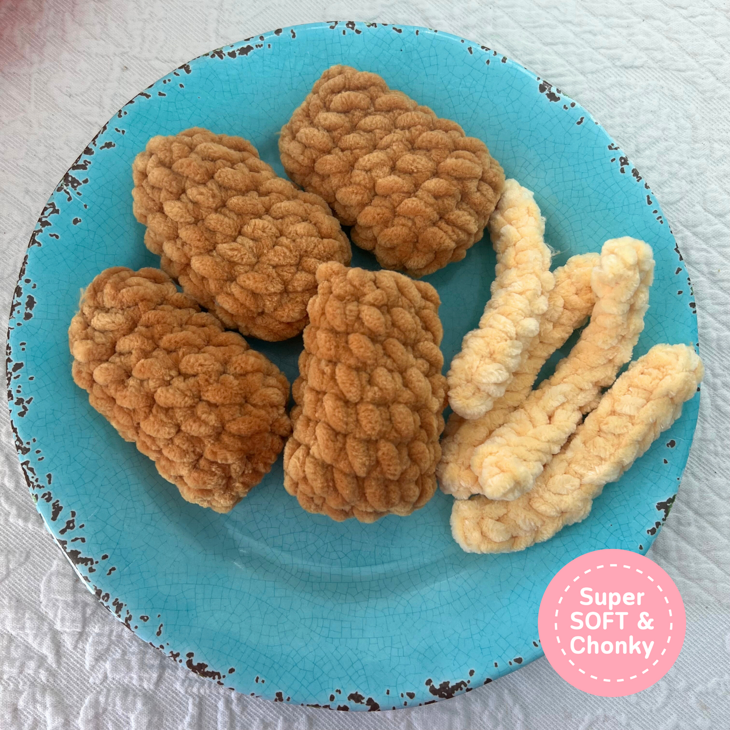 Chicken Nugget Play Food Set.  Crochet Play Food set- 9 pieces Handmade Nuggies + Fries Set READY to SHIP.  4 nuggets, 4 fries & basket