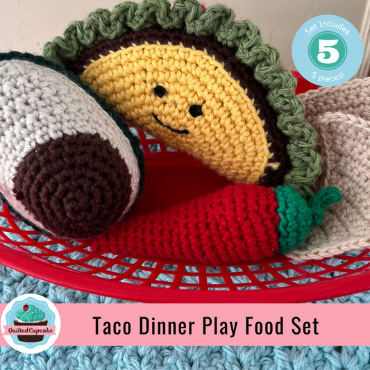 Taco Play Food Set.  Crochet Play Food set- 5 pieces Handmade Taco, Chips, Pepper & Avocado Set READY to SHIP.  Taco Tuesday Pretend Play Free Shipping