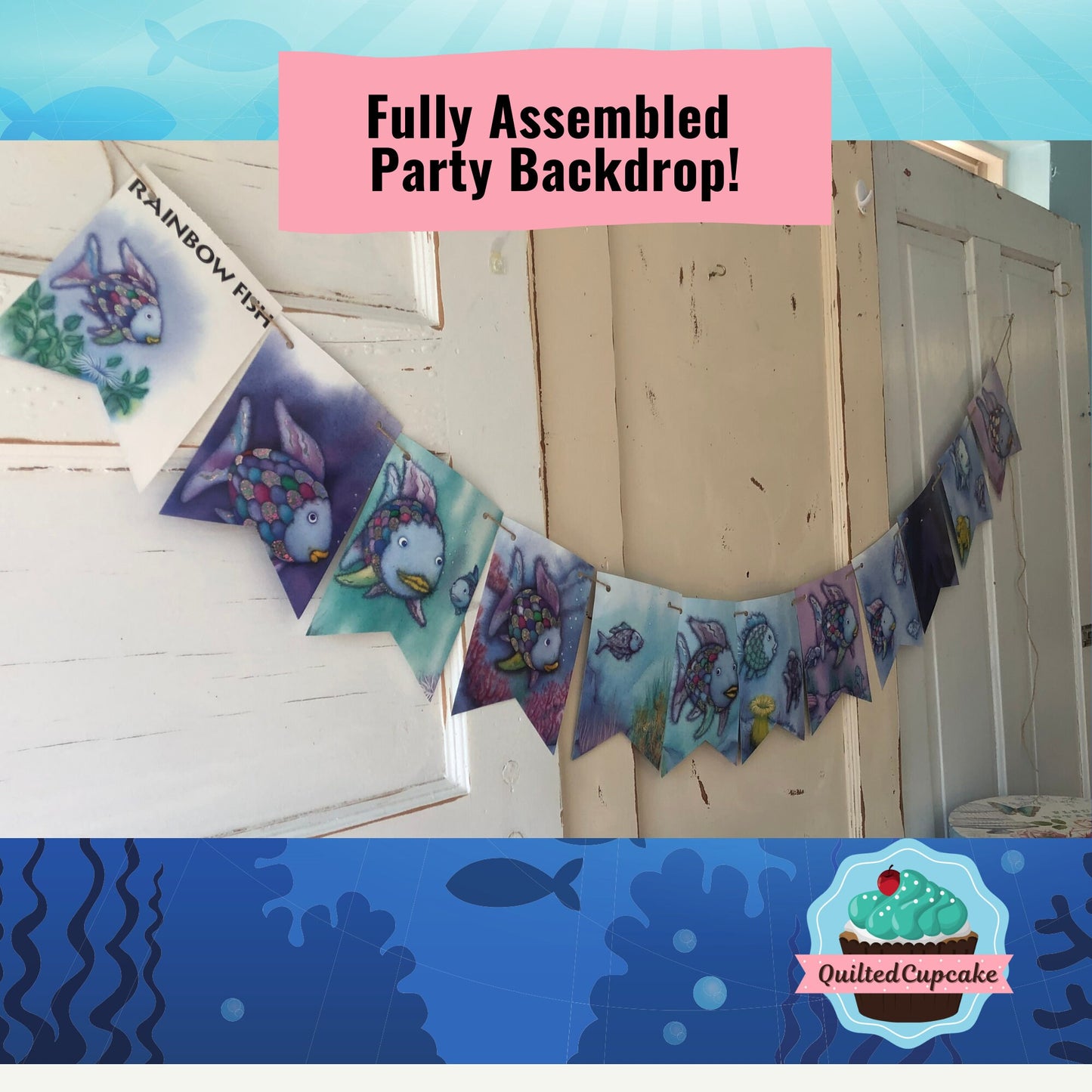 Rainbow Fish Party Banner/Rainbow Fish Book Page Garland Banner/ 6 ft Backdrop Pennant for Baby Shower, Birthday, Room Decor READY to SHIP
