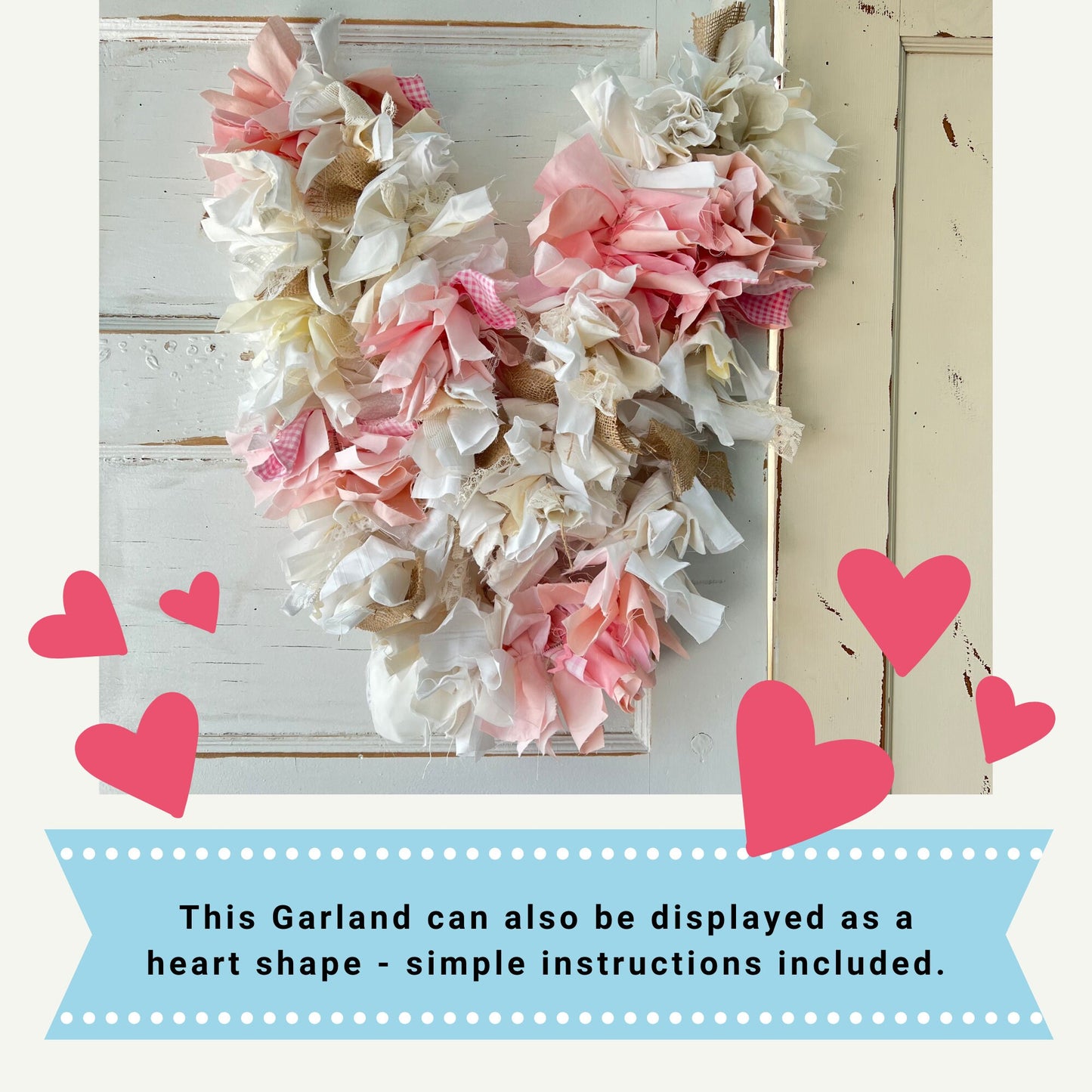 Burlap and Pink Baby Shower Party Decoration 8 foot fabric Garland Banner/Heart Banner/ Girl Shower/READY TO SHIP/Reuse in Nursery