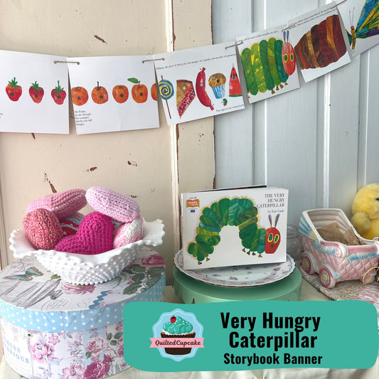 Very Hungry Caterpillar Banner/Story Book Page Garland /14 Pennants for Baby Shower, Birthday Party/READY to SHIP/Holes Included